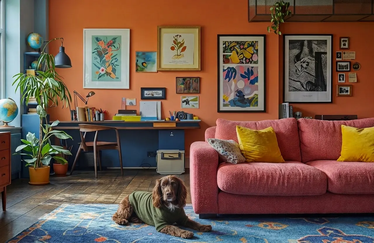 A spaniel in a green jumper lying on a blue rug in a bright living room.